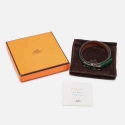 Pre Owned Hermes Behapi Green Leather Palladium Plated Tone Double Tour Bracelet