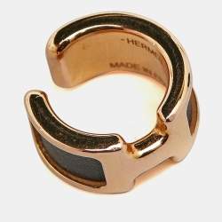 Pre Owned Hermès Olympe Black Leather Gold Plated Small Ear Cuff Ring