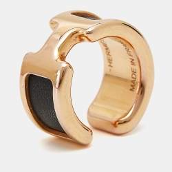 Pre Owned Hermès Olympe Black Leather Gold Plated Small Ear Cuff Ring