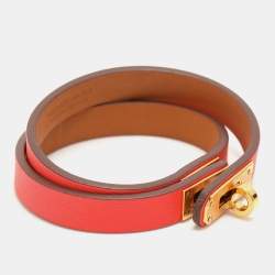 Pre Owned Hermes Coral Pink Leather Kelly Double Tour Wrap Bracelet