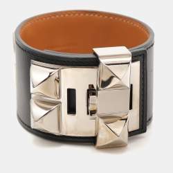 Pre Owned Hermes Black Leather Collier De Chien Palladium Plated Wide Bracelet L