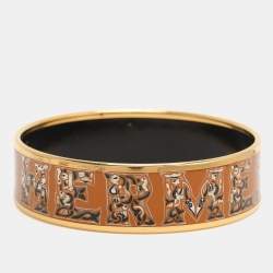 Hermes Brown Alphabet Russe Enamel Gold Plated Wide Bangle Bracelet
