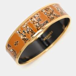Hermes Brown Alphabet Russe Enamel Gold Plated Wide Bangle Bracelet