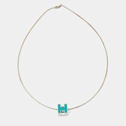 Pre Owned Hermès Cage d'H Cyan Lacquered Palladium Plated Pendant Necklace