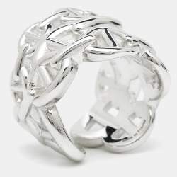 مملوكة مسبقًا Hermes Chaine d'ancre Enchainee Sterling Silver Wide Open Band Ring 51