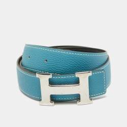 Hermes Bleu Jean/Noir Togo and Chamonix Leather H Buckle Reversible Belt 78 CM