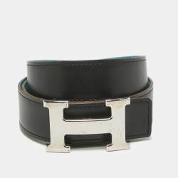Hermes Bleu Jean/Noir Togo and Chamonix Leather H Buckle Reversible Belt 78 CM