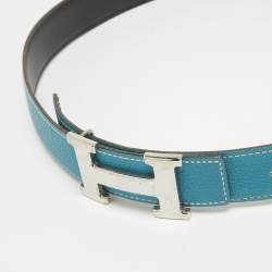 Hermes Bleu Jean/Noir Togo and Chamonix Leather H Buckle Reversible Belt 78 CM