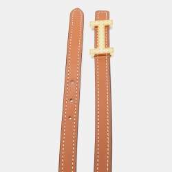 Pre Owned Hermes Gold/Etoupe Swift and Epsom Leather Focus Medor Laquee Belt 85 CM