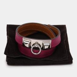Hermes Purple Leather Rivale Palladium Plated Double Tour Bracelet