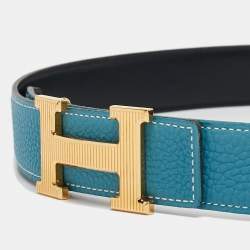 Pre Owned Hermes Bleu Jean/Noir Togo and Chamonix Leather H Striee Buckle Reversible Belt 85 CM