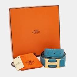 Pre Owned Hermes Bleu Jean/Noir Togo and Chamonix Leather H Striee Buckle Reversible Belt 85 CM