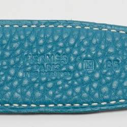 Pre Owned Hermes Bleu Jean/Noir Togo and Chamonix Leather H Striee Buckle Reversible Belt 85 CM