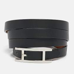 Pre Owned Hermes Hapi  Black Leather Palladium Plated 4 Quad Tour Bracelet