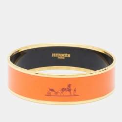 Hermès Orange Enamel Printed Caleche Gold Tone Wide Bracelet