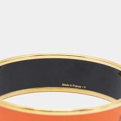 Hermès Orange Enamel Printed Caleche Gold Tone Wide Bracelet