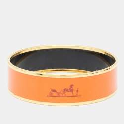 Hermès Orange Enamel Printed Caleche Gold Tone Wide Bracelet