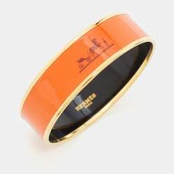 Hermès Orange Enamel Printed Caleche Gold Tone Wide Bracelet