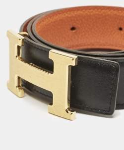 Hermes Orange/Black Togo and Box Leather H Buckle Reversible Buckle Belt 75CM