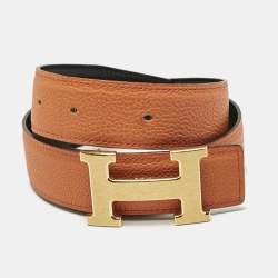 Hermes Orange/Black Togo and Box Leather H Buckle Reversible Buckle Belt 75CM