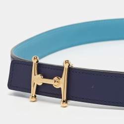 Hermes Bleu Du Nord/Bleu Encre Epsom and Swift Leather Mors H Buckle Reversible Belt 85 CM