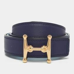 Hermes Bleu Du Nord/Bleu Encre Epsom and Swift Leather Mors H Buckle Reversible Belt 85 CM