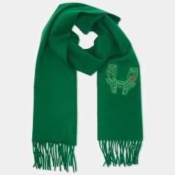 Hermès Green H Embroidered Cashmere Shawl 