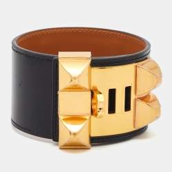 Hermes Collier De Chien Black Leather Rose Gold Plated Bracelet