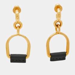 Pre Owned Hermès Boucles d'oreilles Etrier PM Swift Heritage Leather Gold Tone Earring