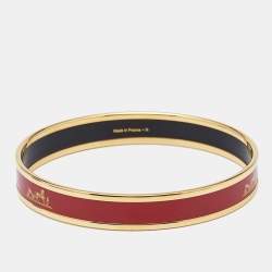 Pre Owned Hermes Caleche Red Enamel Gold Plated Narrow Bangle Bracelet