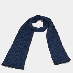 Hermes Black/Blue Logo Patterned Knit Cashmere Blend Muffler