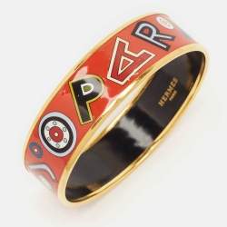 Hermes Tohu Bohu Printed Enamel Gold Plated Wide Bangle Bracelet