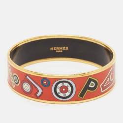 Hermes Tohu Bohu Printed Enamel Gold Plated Wide Bangle Bracelet