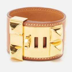 Pre Owned Hermès Collier De Chien Brown Leather Gold Plated Metal Bracelet