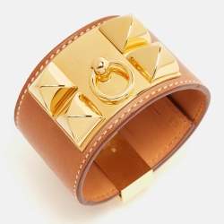 Pre Owned Hermès Collier De Chien Brown Leather Gold Plated Metal Bracelet