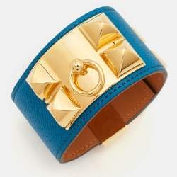 Hermès Collier De Chien Blue Leather Gold Plated Bracelet