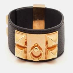 Hermès Collier De Chien Black Leather Rose Gold Plated Metal Bracelet