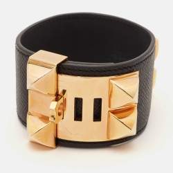 Hermès Collier De Chien Black Leather Rose Gold Plated Metal Bracelet