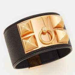 Hermès Collier De Chien Black Leather Rose Gold Plated Metal Bracelet