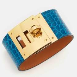 Hermès Kelly Dog Blue Alligator Leather Gold Plated Bracelet