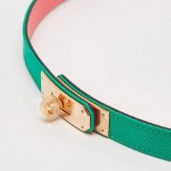 Pre Owned Hermes Menthe/Rose Azalee Toile Officier and Epsom Leather Rose Gold Finish Kelly 18 Belt Adjustable