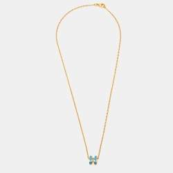 Hermes Mini Pop H Blue Enamel Gold Plated Pendant Necklace