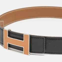 Hermes Black/Gold Box and Togo Leather Qiuzz H Reversible Belt 90CM