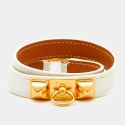 Pre Owned Hermès Rivale Double Tour White Leather Gold Plated Bracelet S