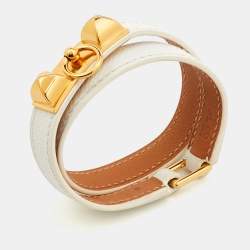 Pre Owned Hermès Rivale Double Tour White Leather Gold Plated Bracelet S