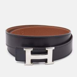 Hermes Noir/Gold Box and Togo Leather H Buckle Reversible Belt 80 CM