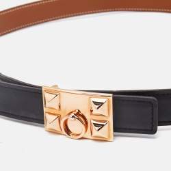 مملوكة مسبقًا Hermès Noir/Gold Swift and Epsom Leather Collier de Chien Reversible Belt 85 CM