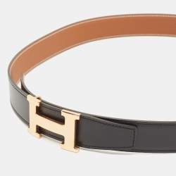 Hermes Noir/Gold Box and Togo Leather H Buckle Reversible Belt 90 CM