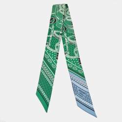 Hermes Green & Blue Printed Silk Twilly