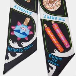 Pre Owned Hermes Black Funny Ice Cream Printed Silk Twilly